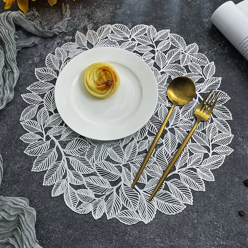 15" Gold Leaf Round Placemats Set of 6 – Non-Slip Wipeable Mats