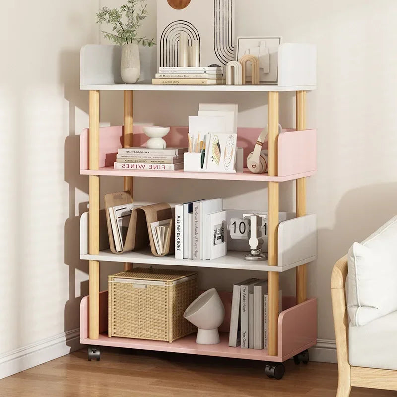 Multilevel shelf with books, decor items, and a basket in a room setting.