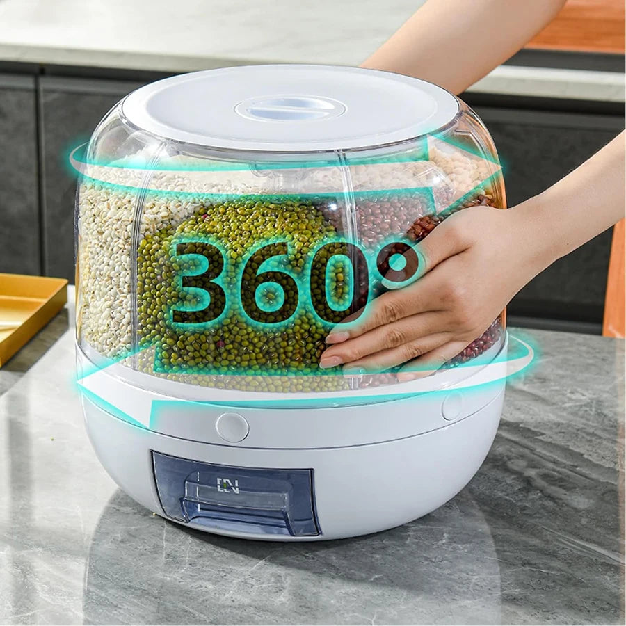 Container with a transparent lid showing food and a hand pressing on it, with '360°' text.