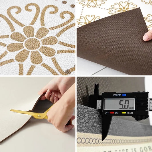 Collage of a decorative stencil, brown fabric, scissors cutting fabric, and digital caliper measuring fabric.