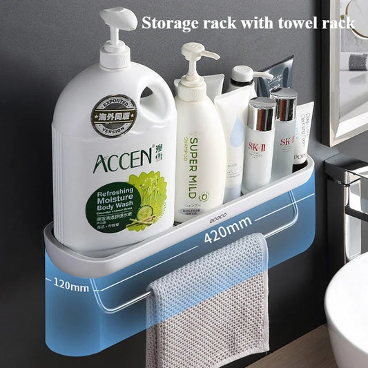 Storage rack with towel rack holding various toiletries in a bathroom setting