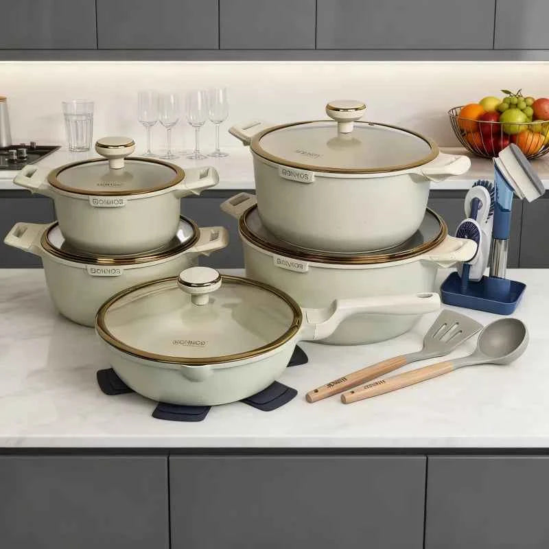 DONNOR 21Pcs Non-stick Cookware Set Soup Pots with Gold Plated Ring Glass Lid Aluminum Stew Pot Frying Pan Kitchen Cooking Pots