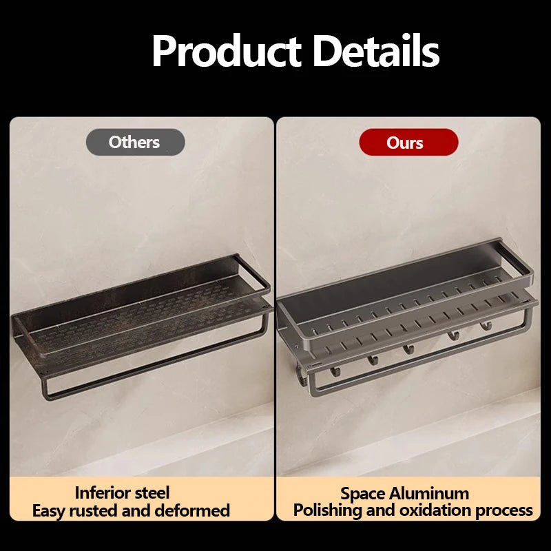 Comparison of a metal shelf labeled 'Others' with inferior steel quality and 'Ours' with space aluminum polishing and oxidation process.