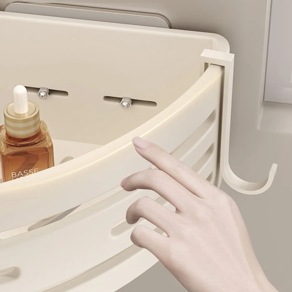 Hand reaching into a white shelf with a bottle of serum labeled 'Basse' on a neutral background