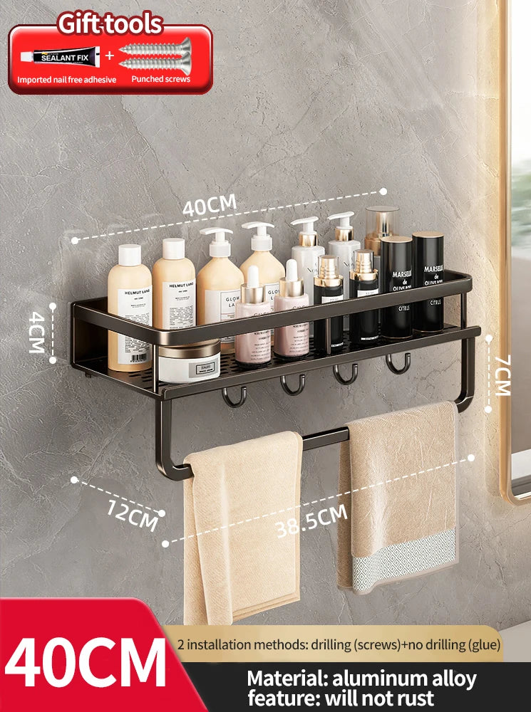 Bathroom shelf with toiletries and towel hooks on a gray wall, showing dimensions.