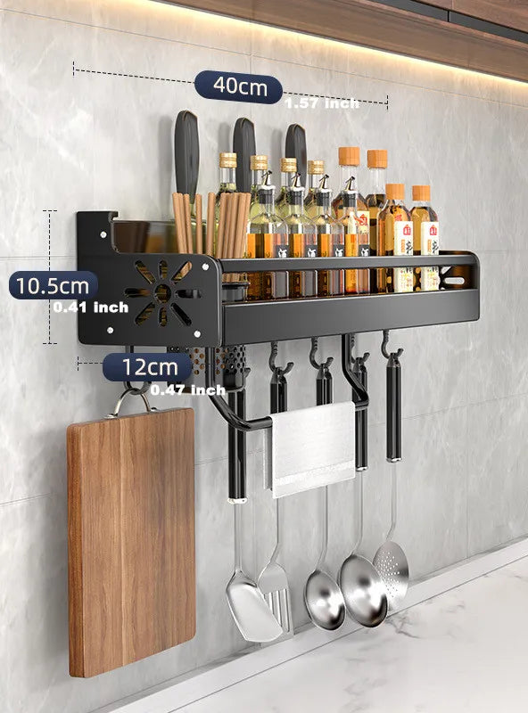 Wall-Mounted Kitchen Organizer Shelf with Knife Holder & Spice Rack