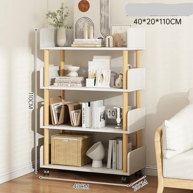 Bookshelf with wooden legs and white shelves in a room setting.