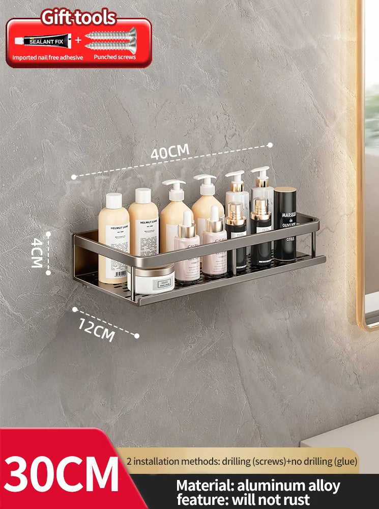 Wall-mounted bathroom shelf with toiletries on a gray wall, showing dimensions and material details.