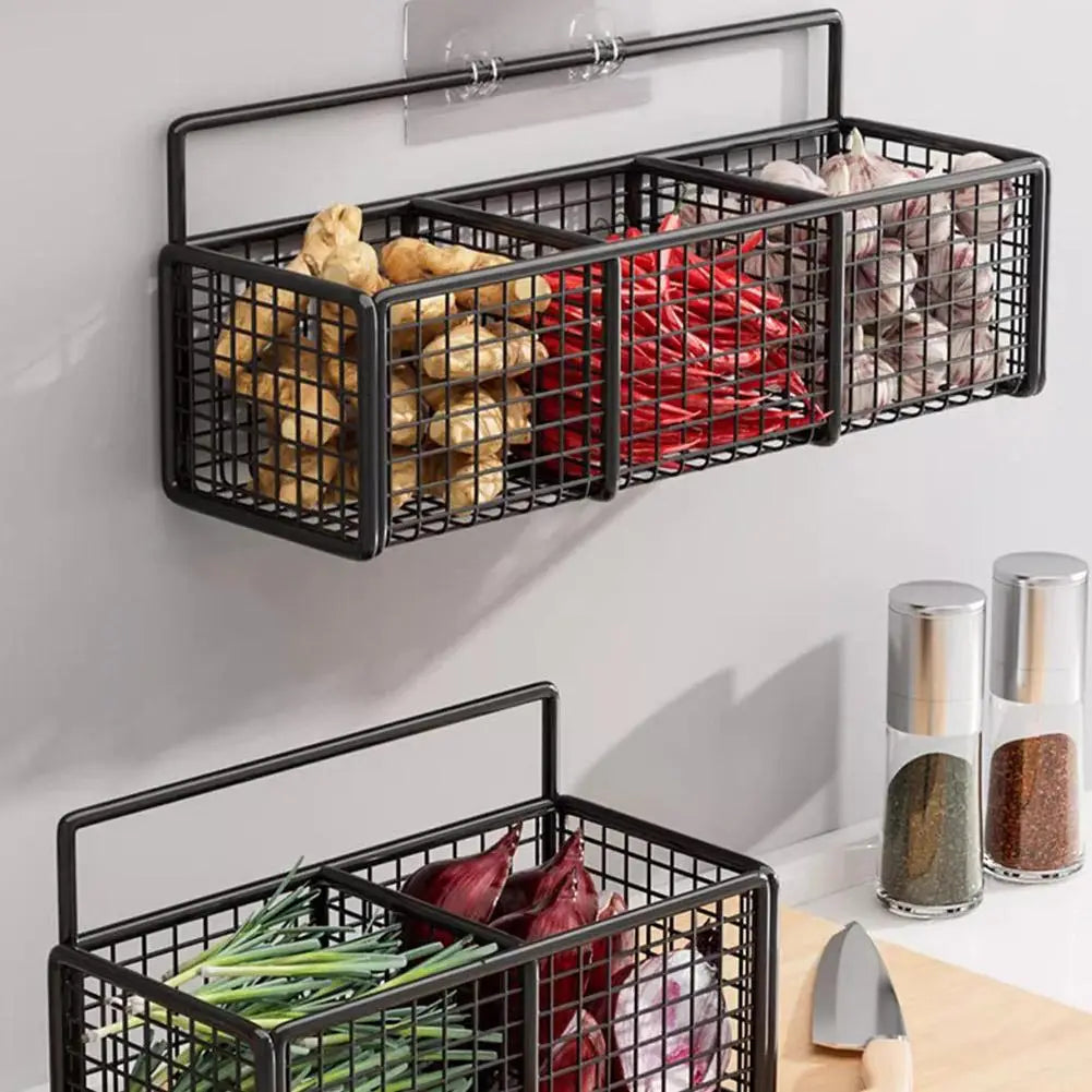 Kitchen Storage Baskets with 1/2/3 Compartments Punch-Free Spice Rack Wall Mount Ginger Garlic Separation Storage