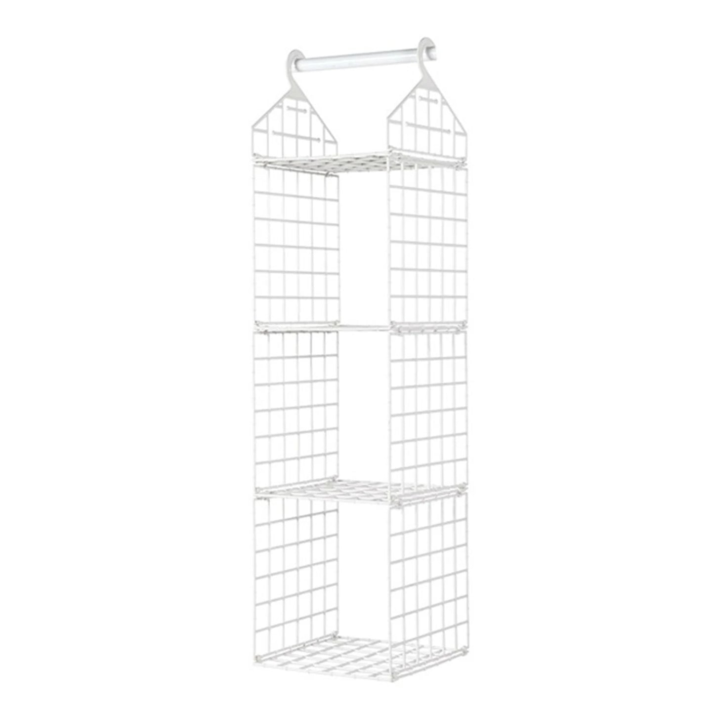 Metal grid wall organizer with a handle on a white background