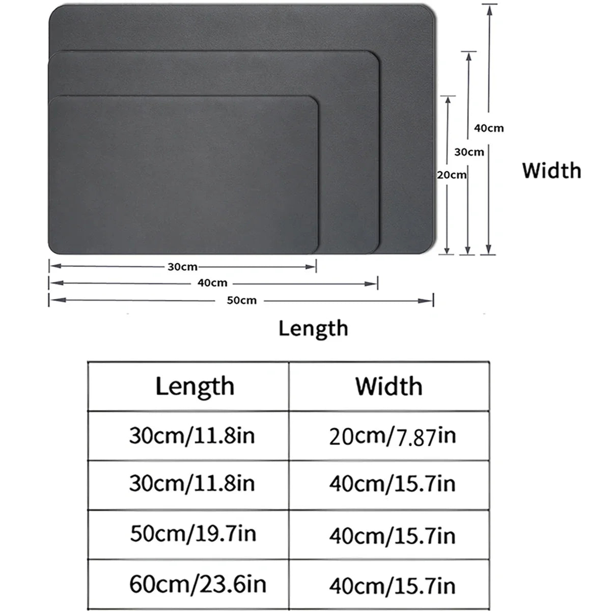 Gray rectangular mats with measurements on a white background