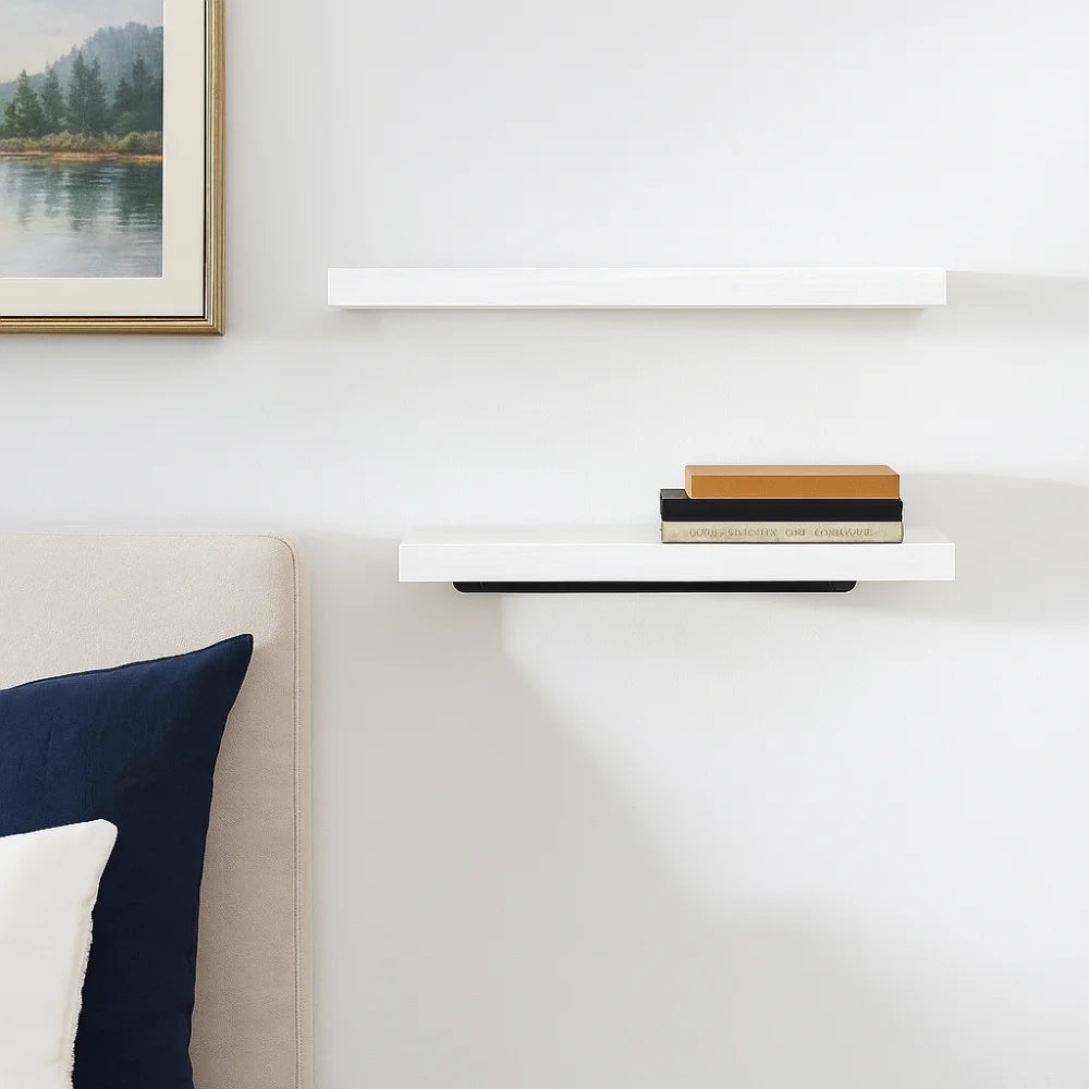 White wall with a shelf holding books and a framed picture of a lake.