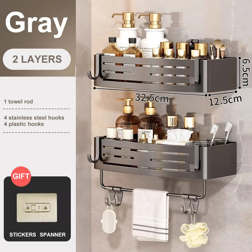 Bathroom Corner Shelf with Towel Bar, No-Drill Aluminum Storage Rack