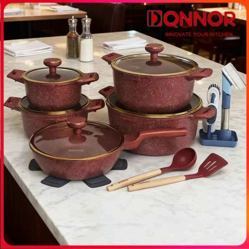 DONNOR 21Pcs Non-stick Cookware Set Soup Pots with Gold Plated Ring Glass Lid Aluminum Stew Pot Frying Pan Kitchen Cooking Pots
