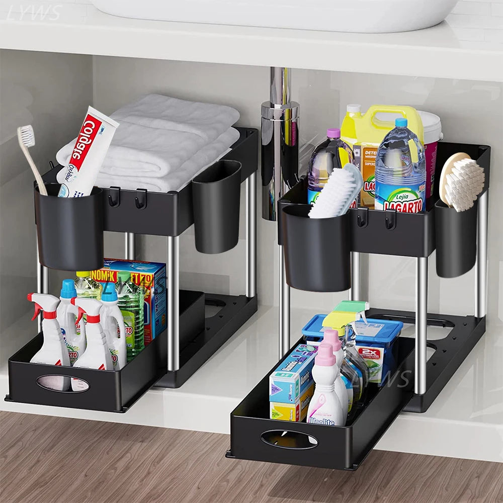 Under-cabinet organizer with various items including cleaning supplies and toiletries.