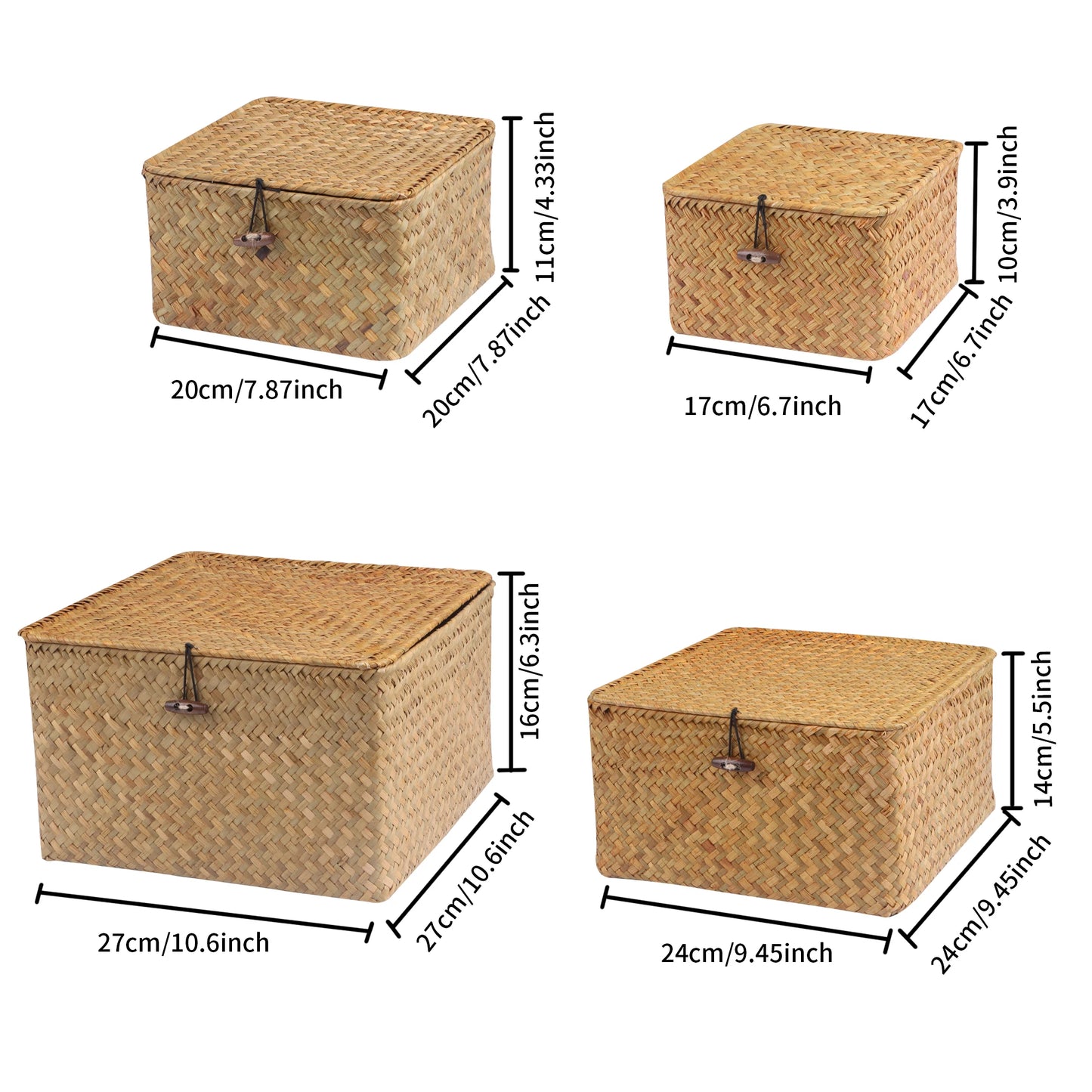 Set of 4 Seagrass Storage Baskets with Lids Woven Organizer Boxes