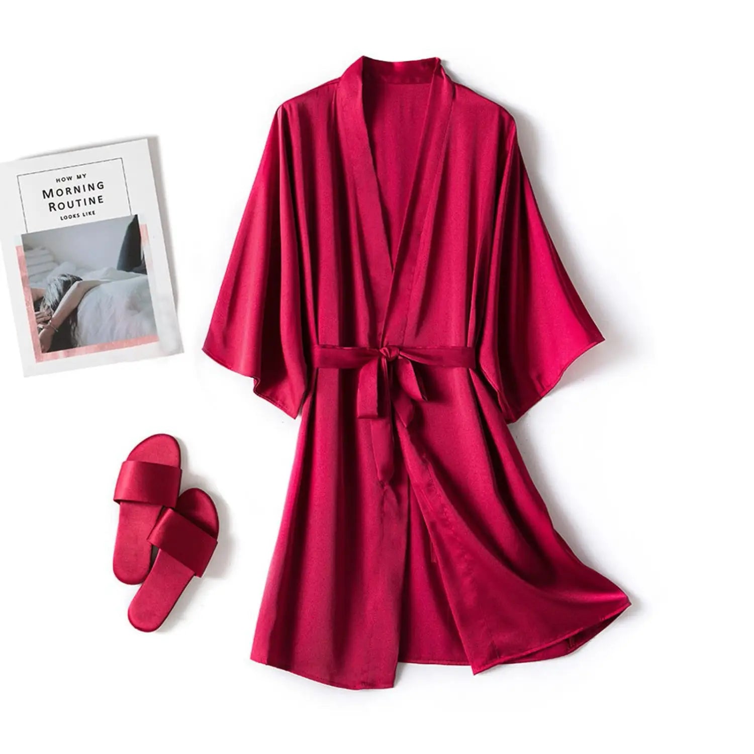 Women’s Satin Kimono Robe Set – Short Mini Nightgown Polyester Sleepwear Bridal Wedding Gift Casual Lingerie Nightwear