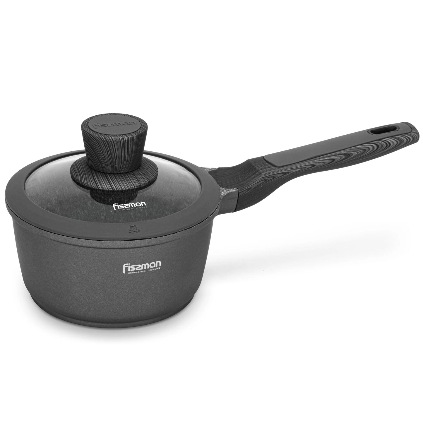 Black saucepan with lid on a white background