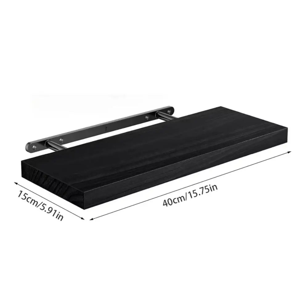 Black wall-mounted shelf with dimensions on a white background