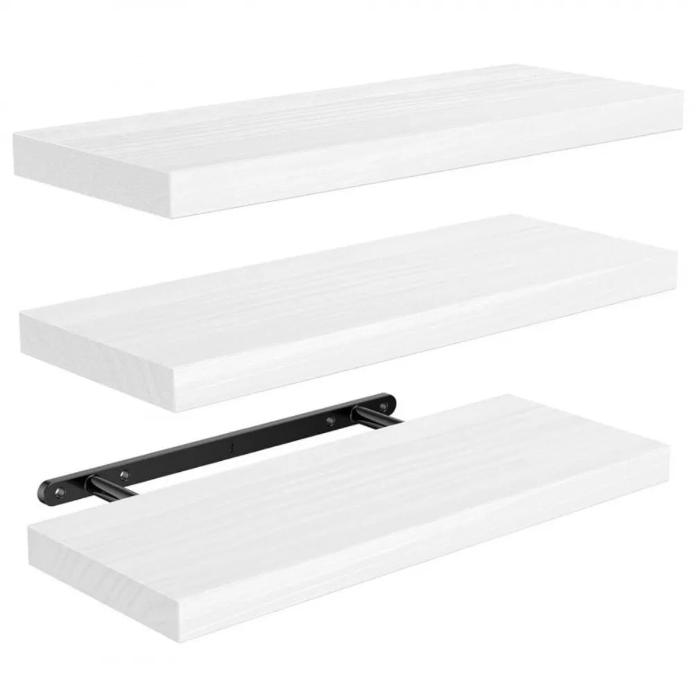 Set of three white wall shelves with a black bracket on a white background