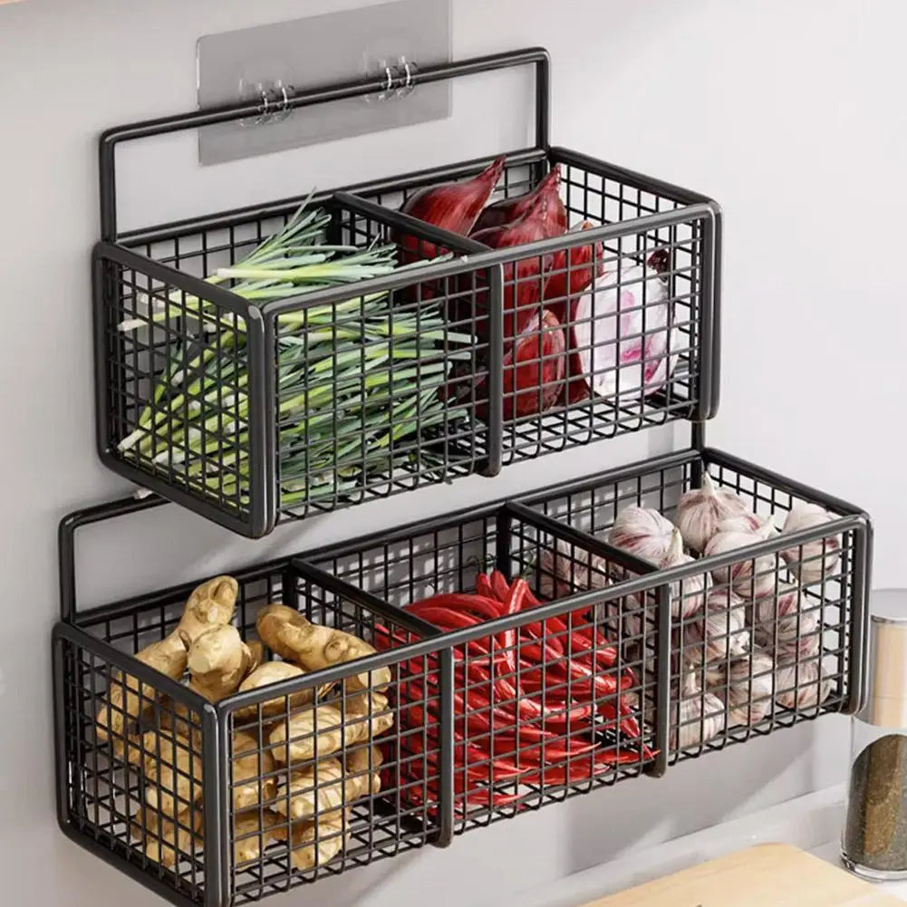 Kitchen Storage Baskets with 1/2/3 Compartments Punch-Free Spice Rack Wall Mount Ginger Garlic Separation Storage