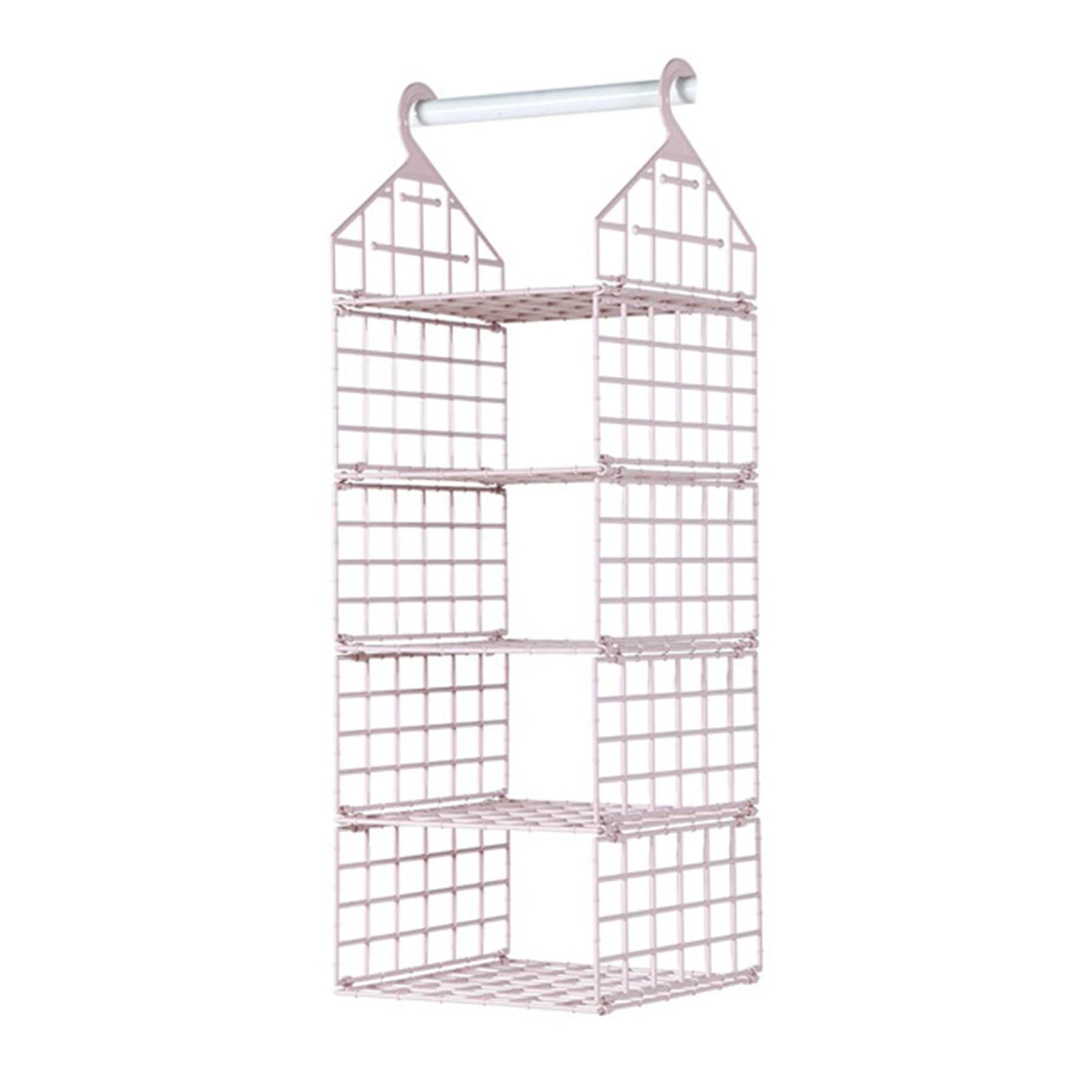 Pink wire hanging organizer with multiple shelves on a white background