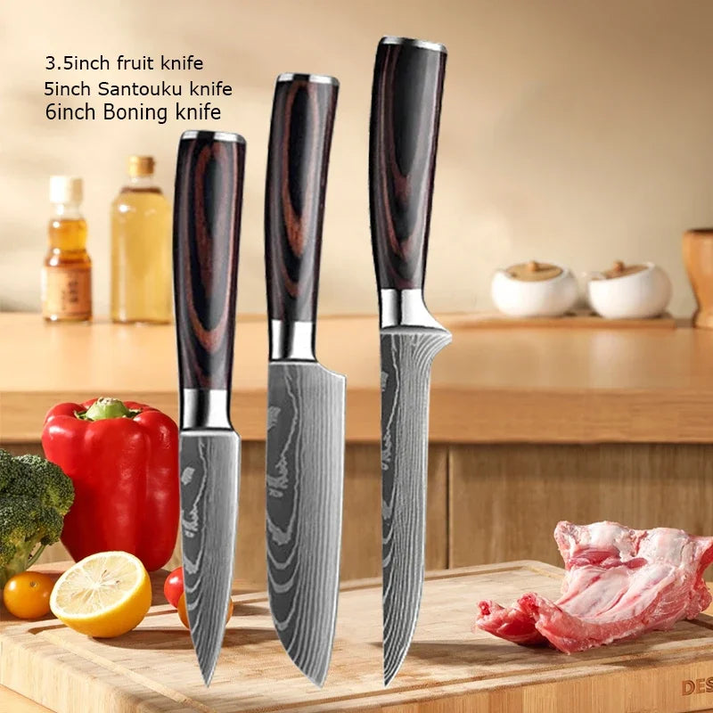 Professional Laser Knife Set, Chef, Santoku, Cleaver & Boning Knife