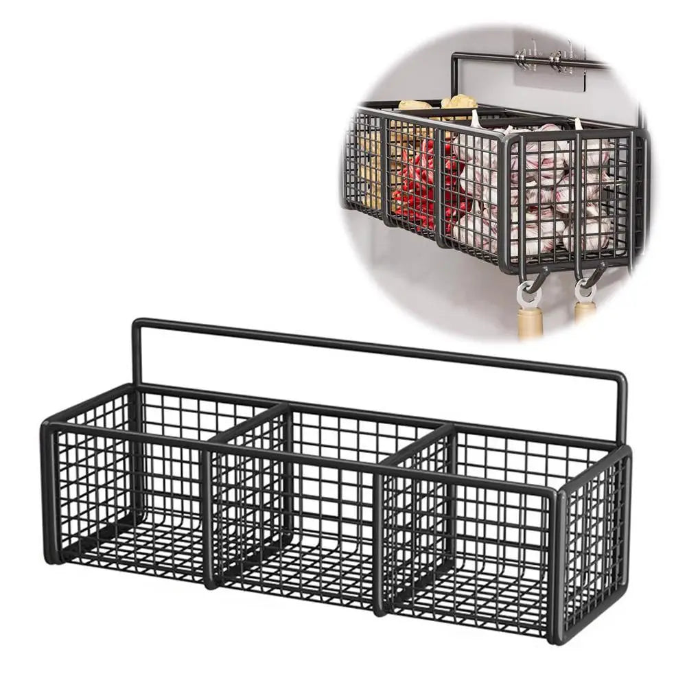 Kitchen Storage Baskets with 1/2/3 Compartments Punch-Free Spice Rack Wall Mount Ginger Garlic Separation Storage