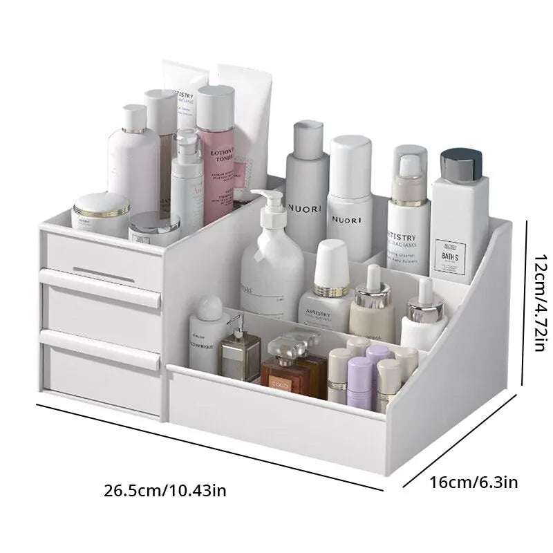 White cosmetic organizer with various skincare products and dimensions displayed.