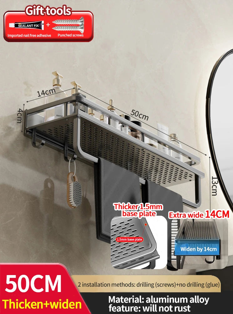 Wall-mounted shower caddy with dimensions and material details on a neutral background