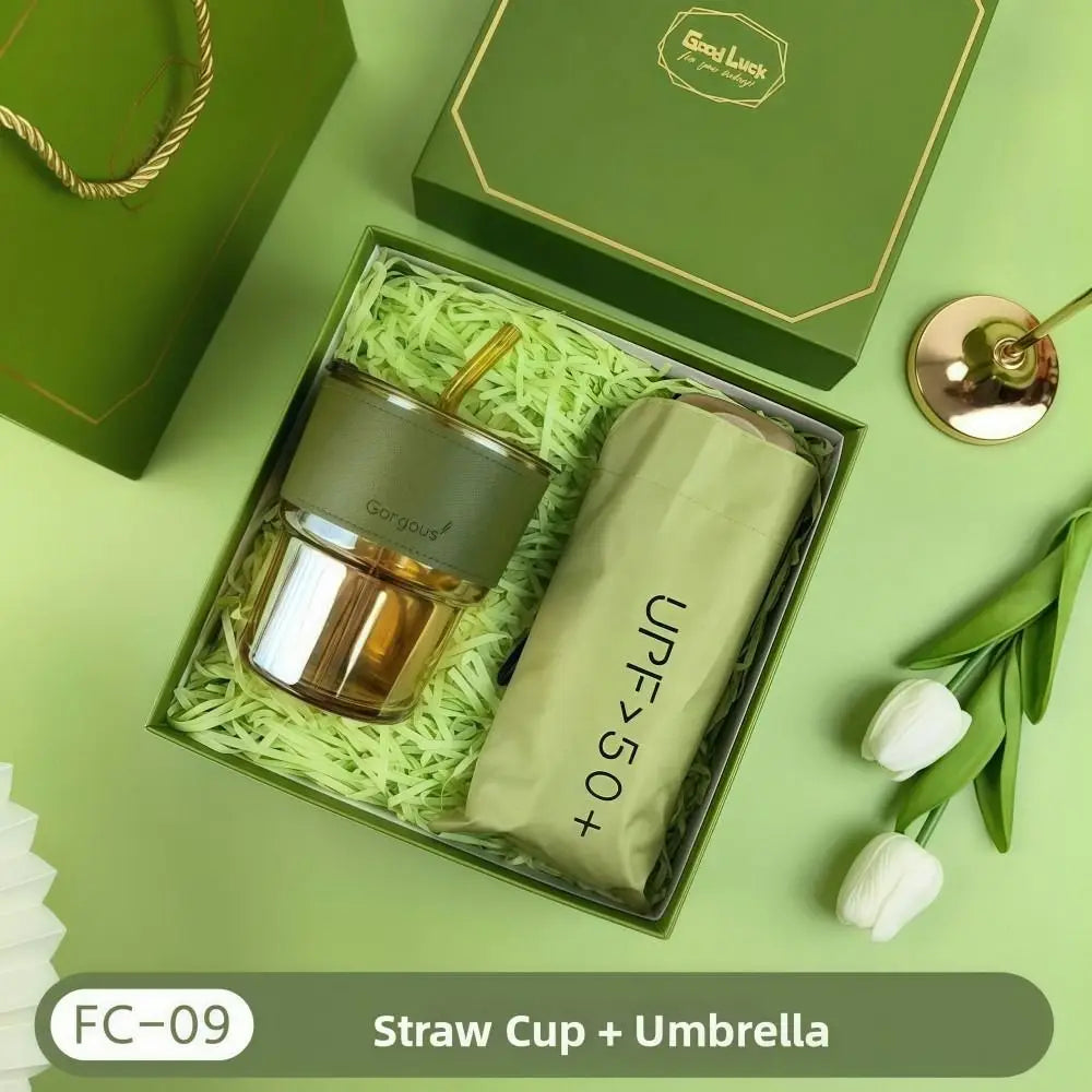 Summer Gift Set – Insulated Water Bottle Mini Fan & UPF 50+ Sun Umbrella