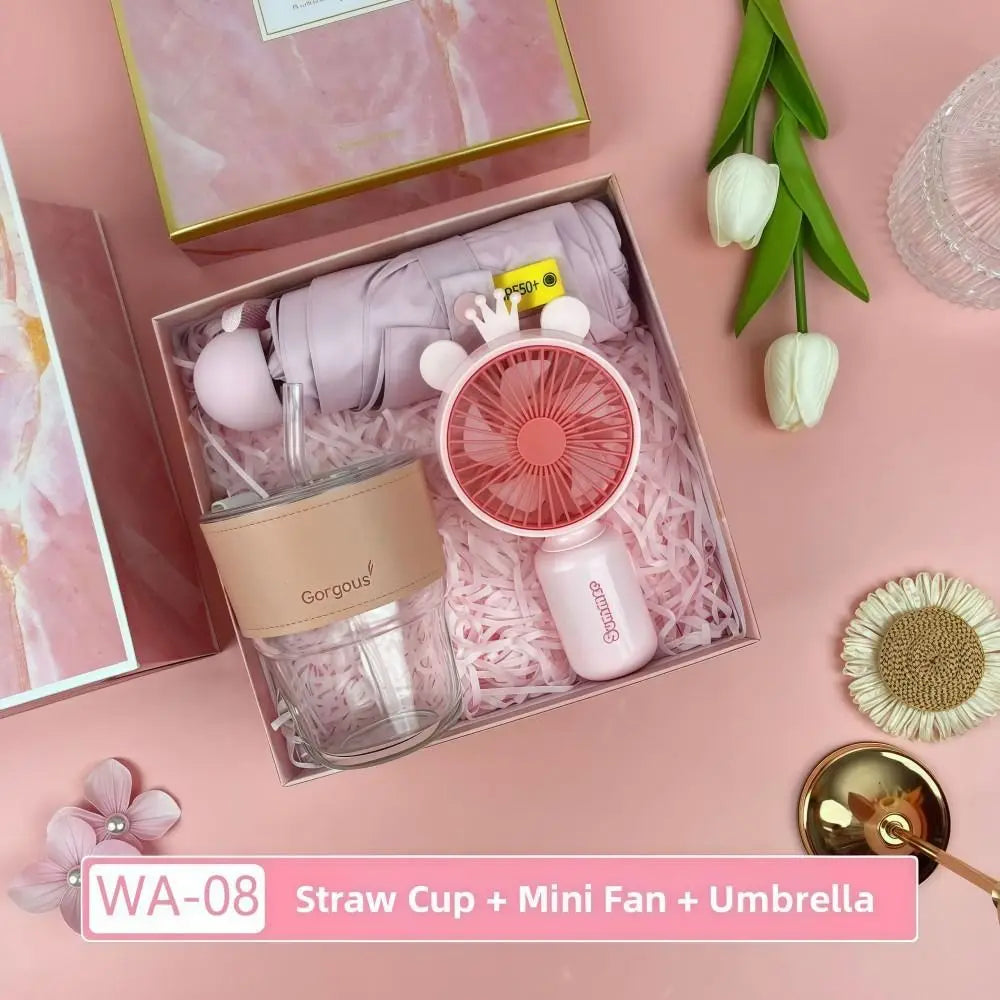 Summer Gift Set – Insulated Water Bottle Mini Fan & UPF 50+ Sun Umbrella