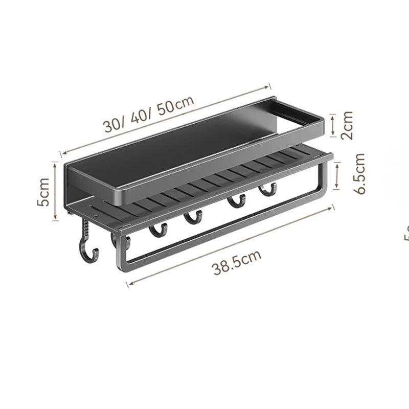 Wall-mounted metal shelf with dimensions labeled on a white background