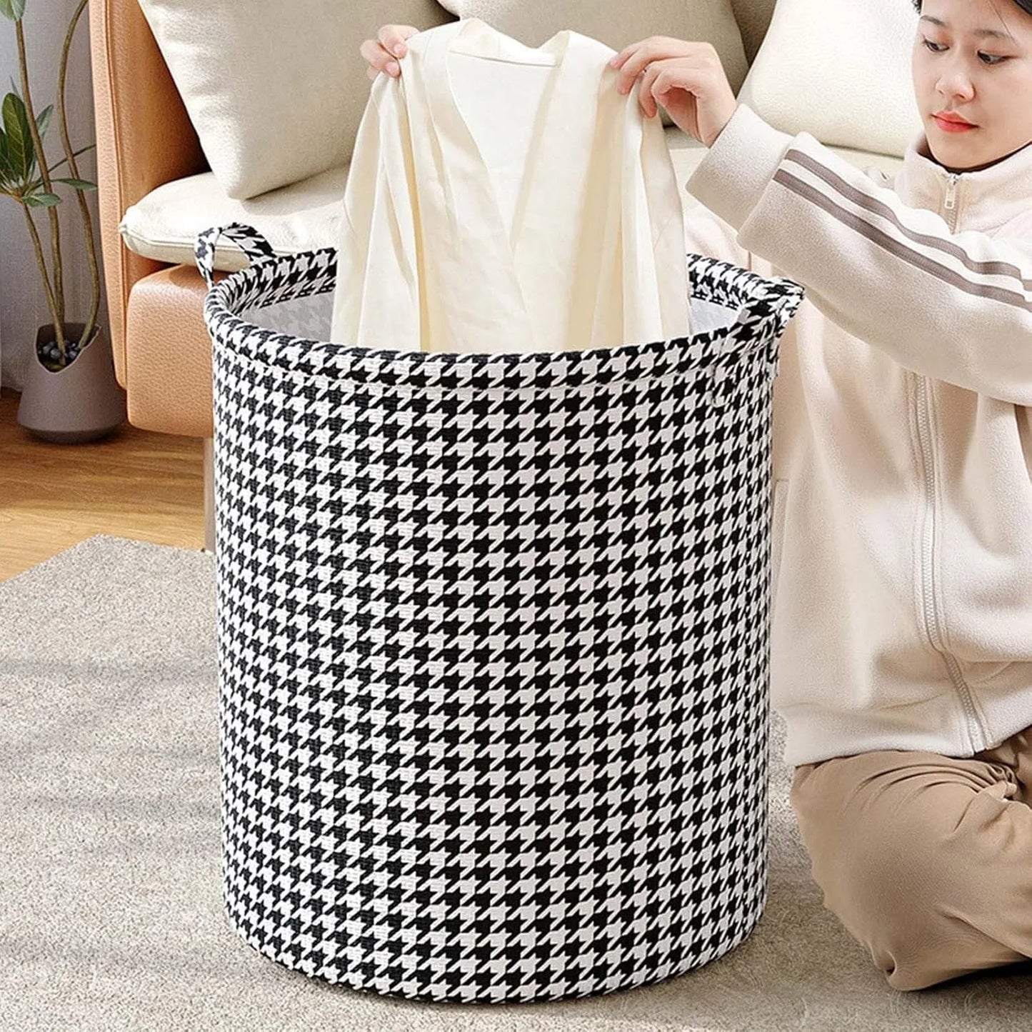 Foldable Laundry Basket with Handles Houndstooth Fabric Storage Bin
