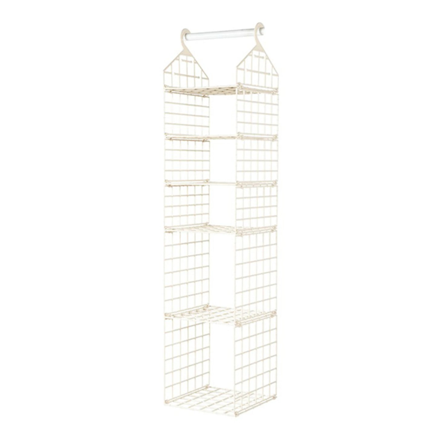 White wire shelving unit with multiple shelves on a white background