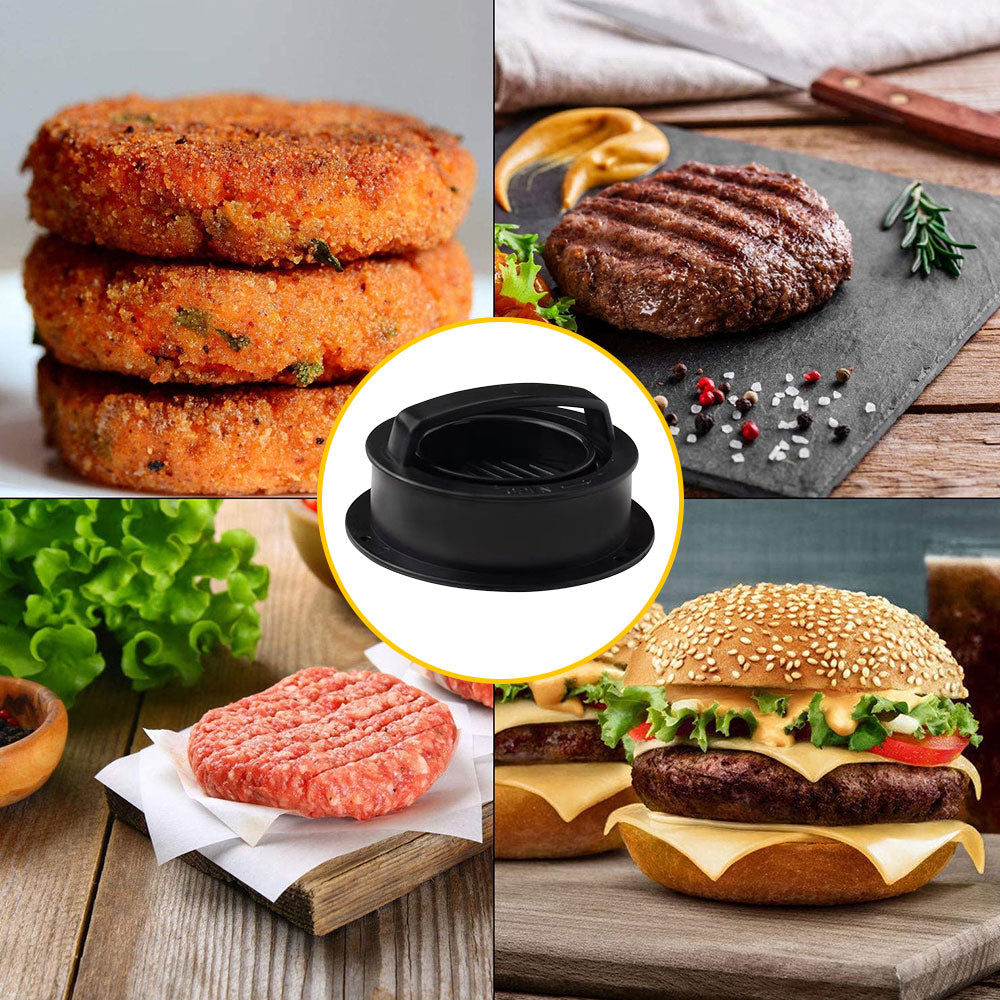 Collage of hamburger ingredients including patties, buns, and condiments on a wooden surface.