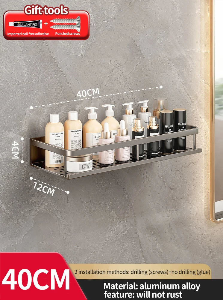 Bathroom shelf with toiletries on a gray wall, featuring 'Gift tools' branding.