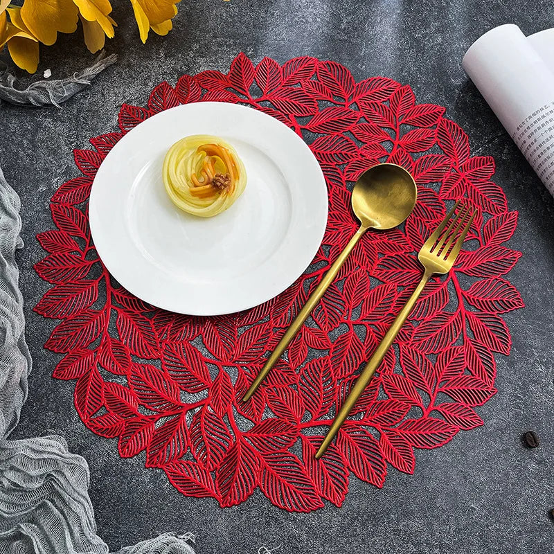 15" Gold Leaf Round Placemats Set of 6 – Non-Slip Wipeable Mats