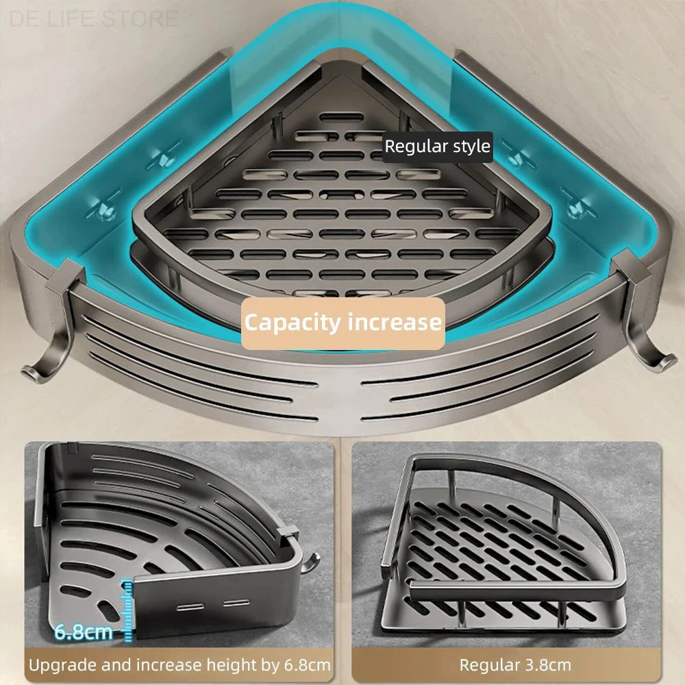Corner shower caddy with capacity increase feature on a beige background