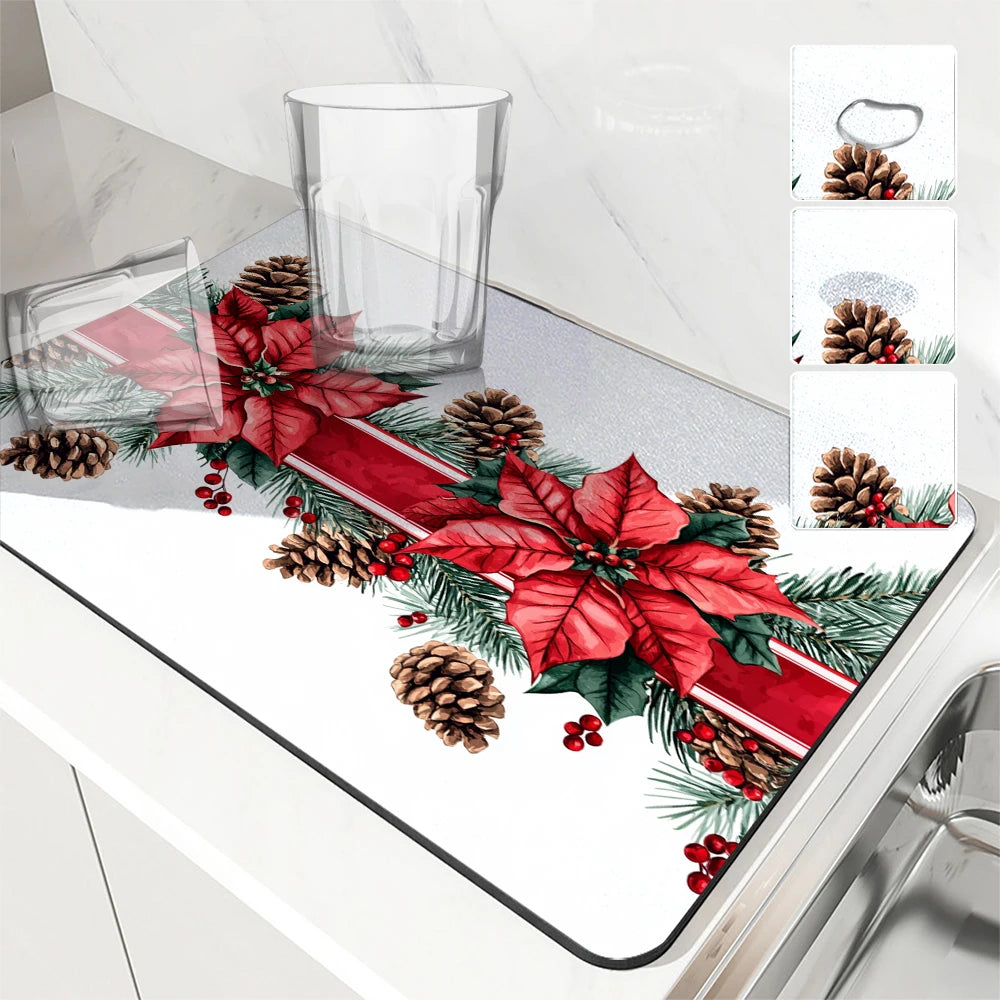 Christmas-themed placemat with red flowers and pine cones on a white surface.