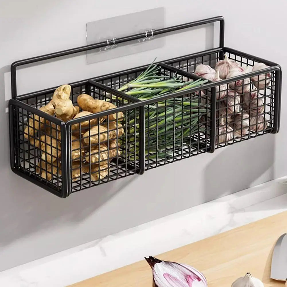 Kitchen Storage Baskets with 1/2/3 Compartments Punch-Free Spice Rack Wall Mount Ginger Garlic Separation Storage