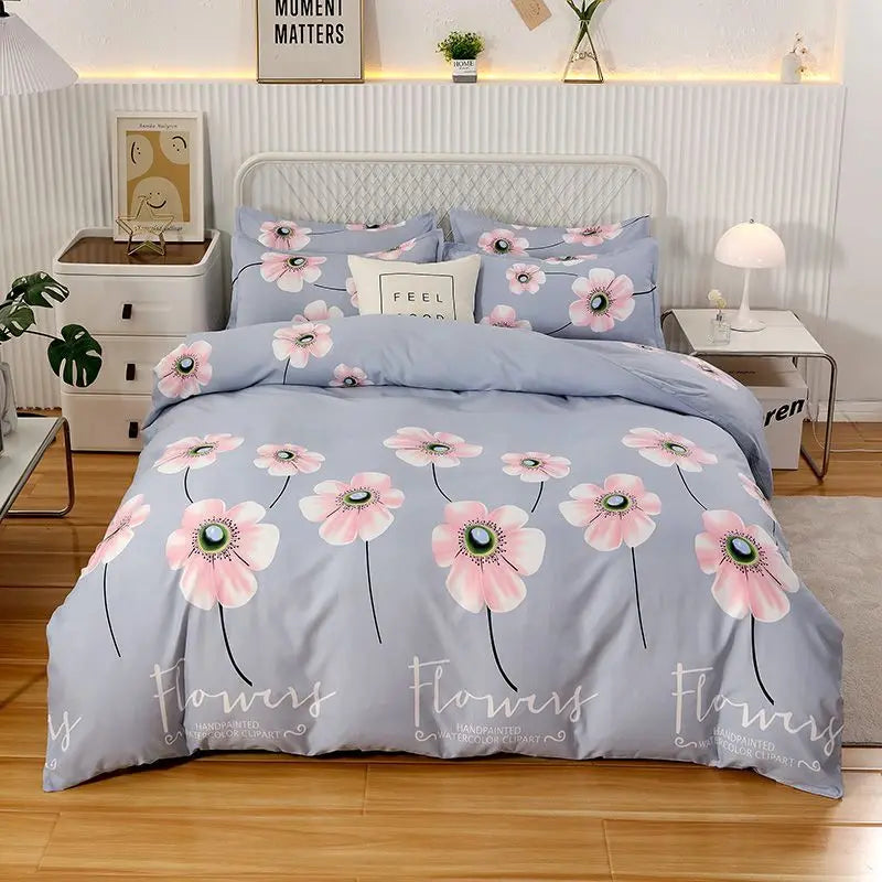 Floral bedding set on a bed in a bedroom setting