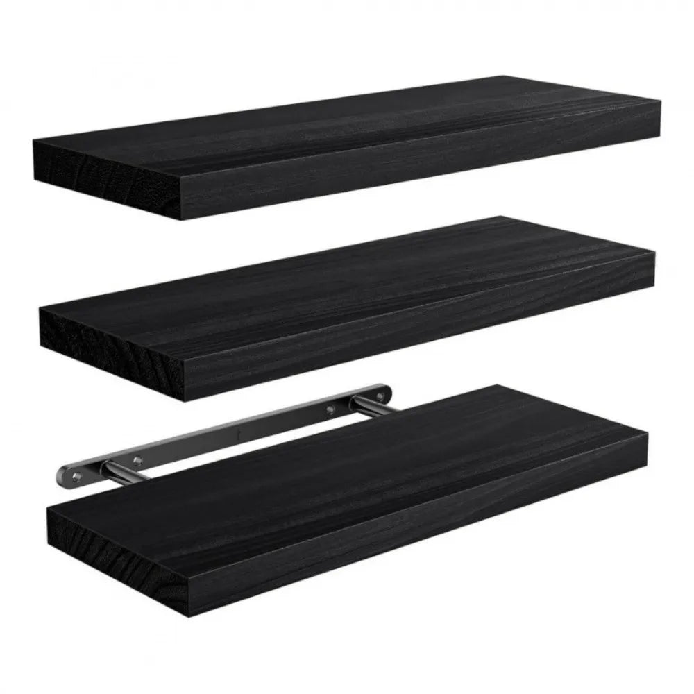 Set of three black wall shelves on a white background