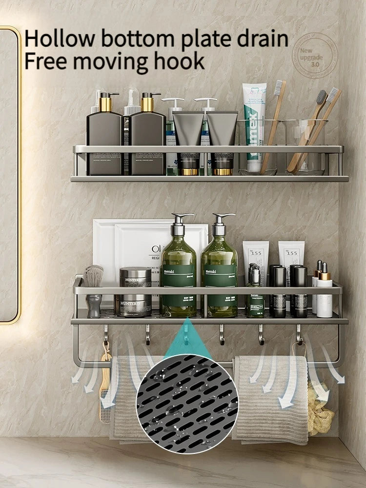 Wall-mounted shelf with hooks and storage compartments, featuring text about a hollow bottom plate drain and free moving hook.