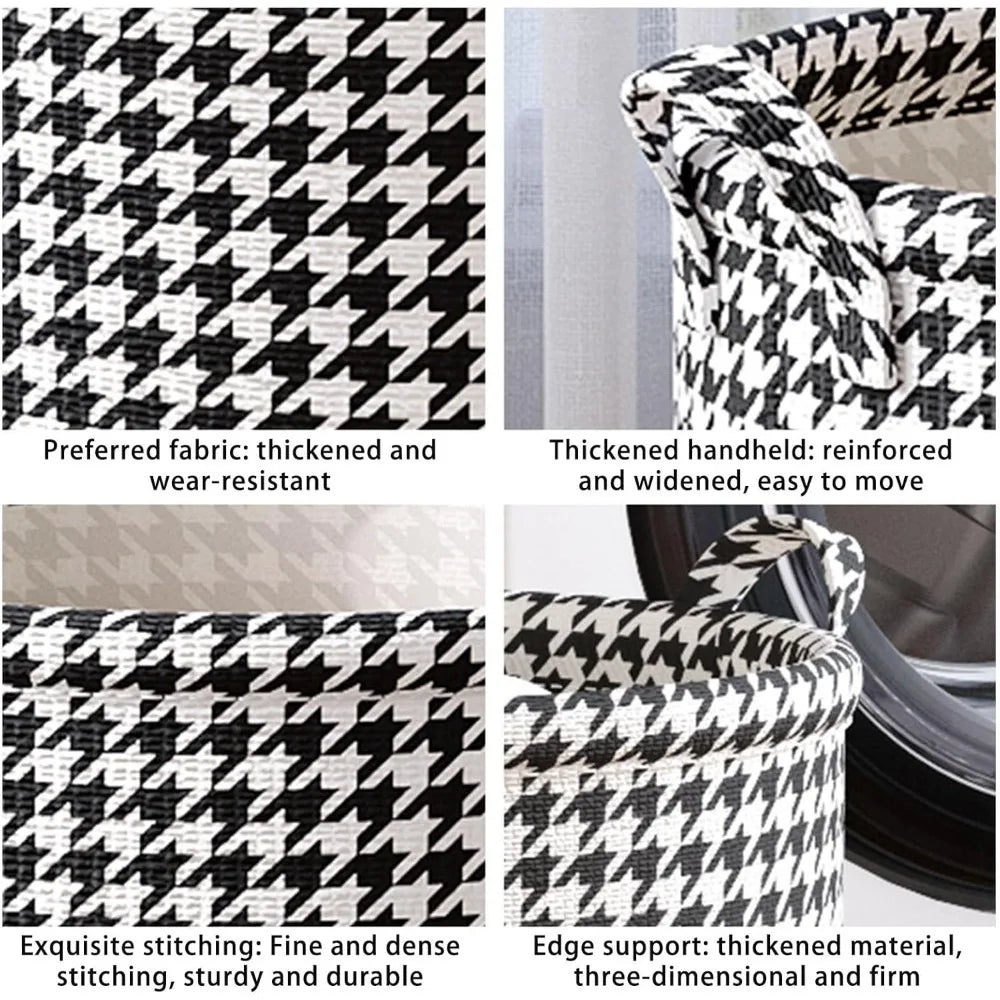 Houndstooth patterned storage basket with text describing features