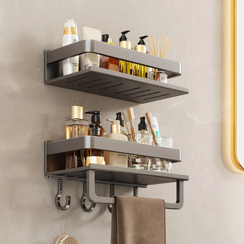 Bathroom shelf with toiletries against a neutral wall