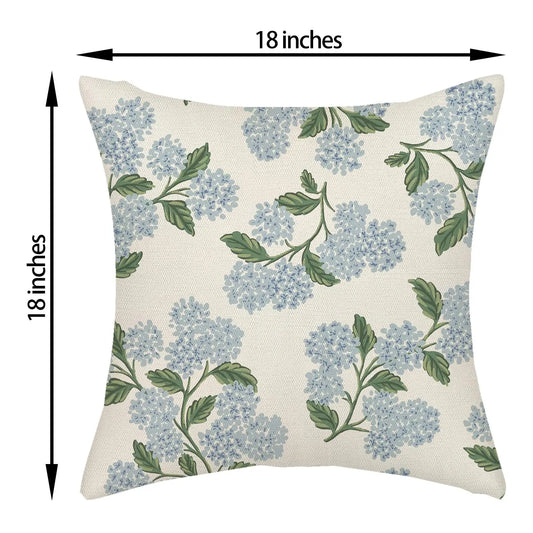 Floral-patterned pillow with dimensions on a white background