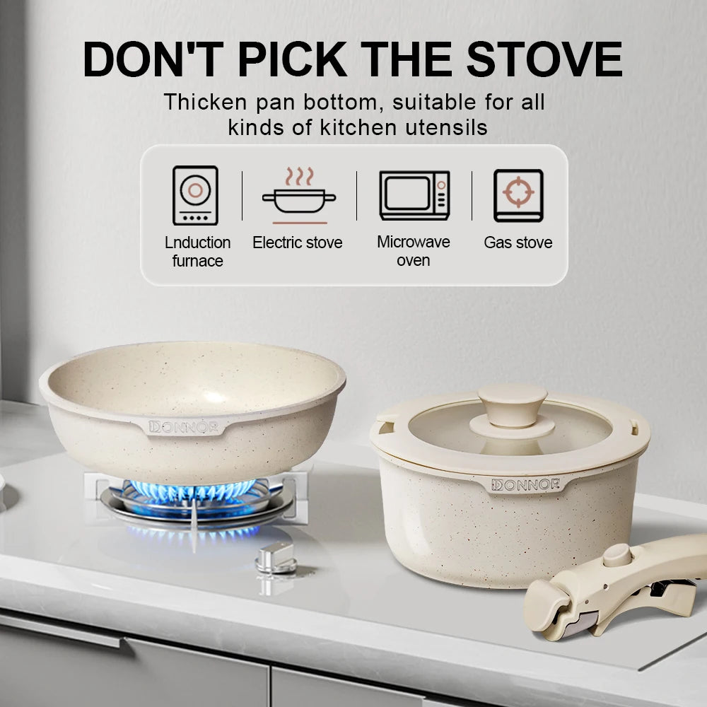 Two beige cookware items on a stove with text about their compatibility with various cooktops.