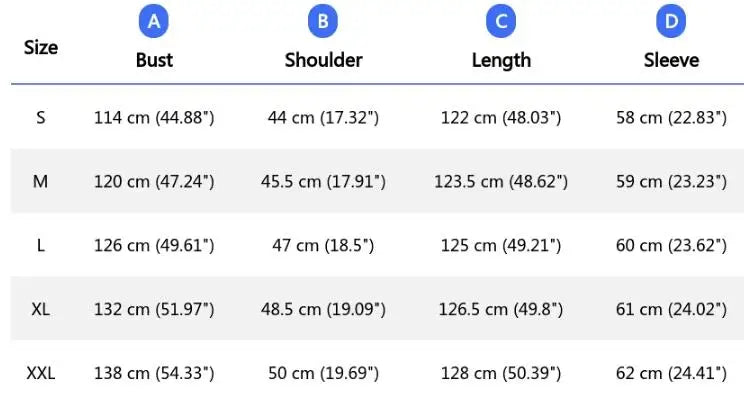 Measurement chart for clothing sizes S to XXL with bust, shoulder, length, and sleeve dimensions.