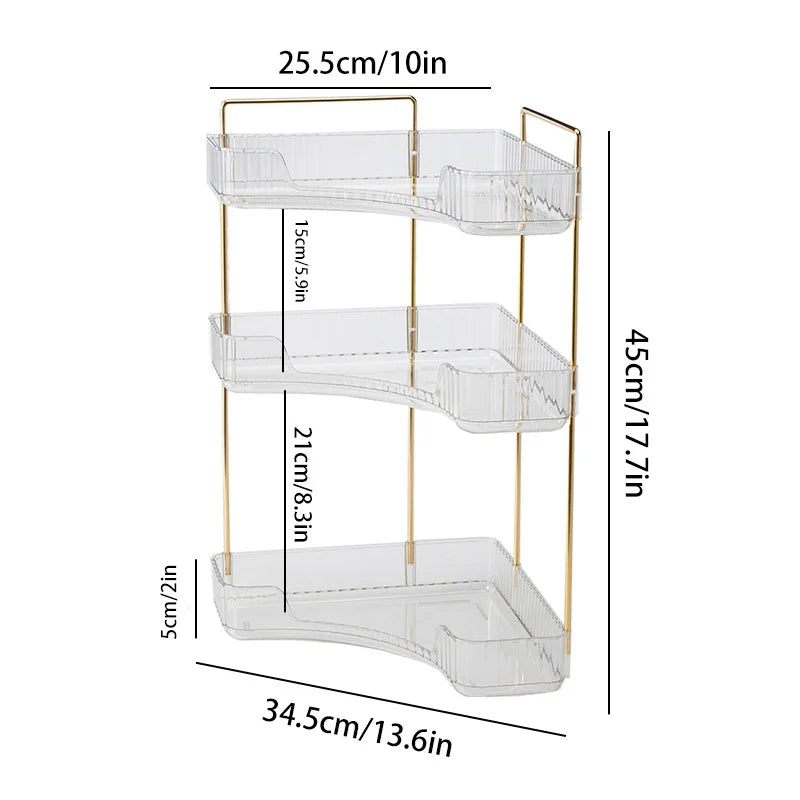 Three-tiered metal shelf with dimensions labeled on a white background
